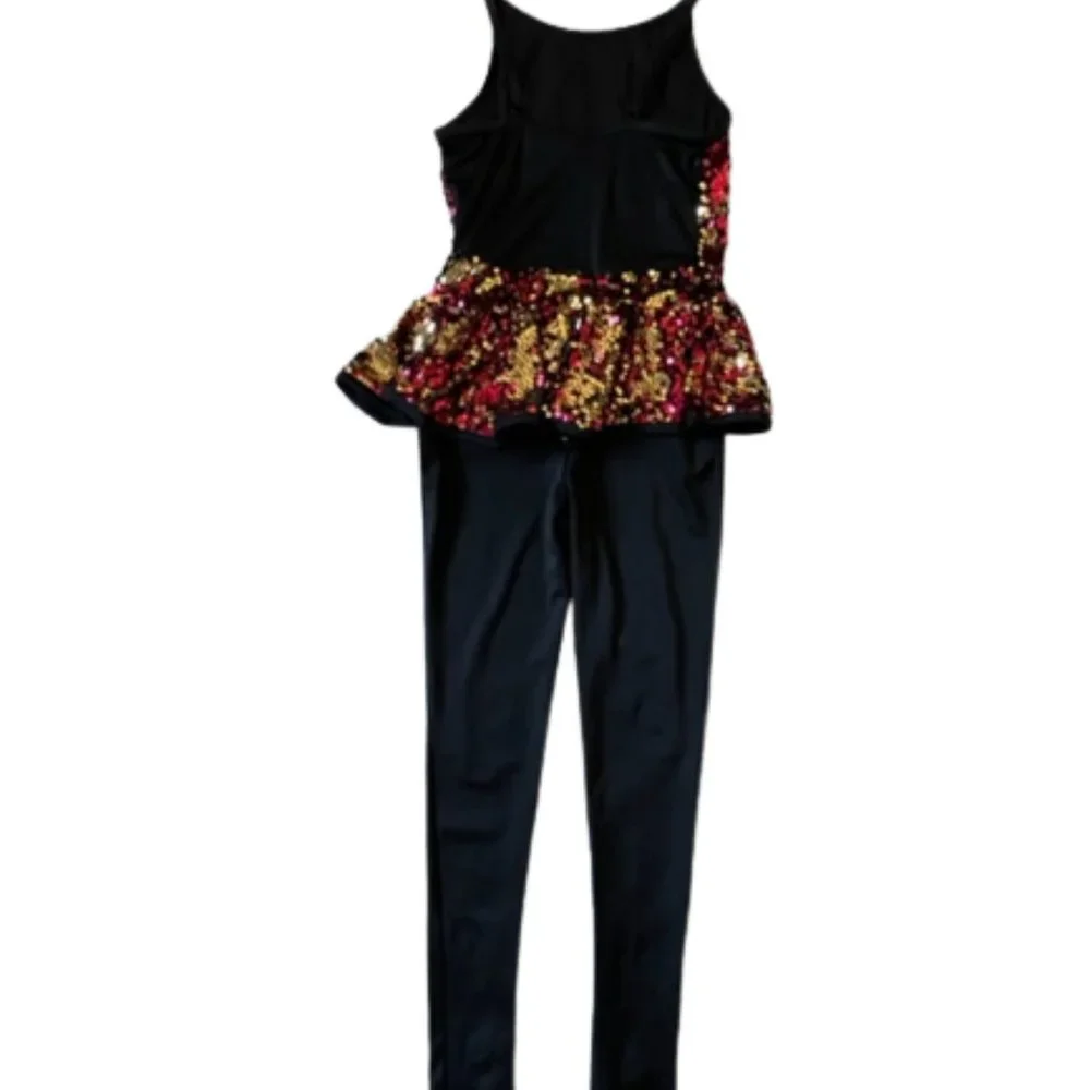 Black Unitard with red & gold sequins.Dance/Performance Costume.  Size M